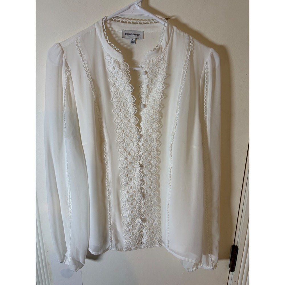 Calligraphie Womens White Crochet Lace Trim Long Sleeve Button Front Blouse S